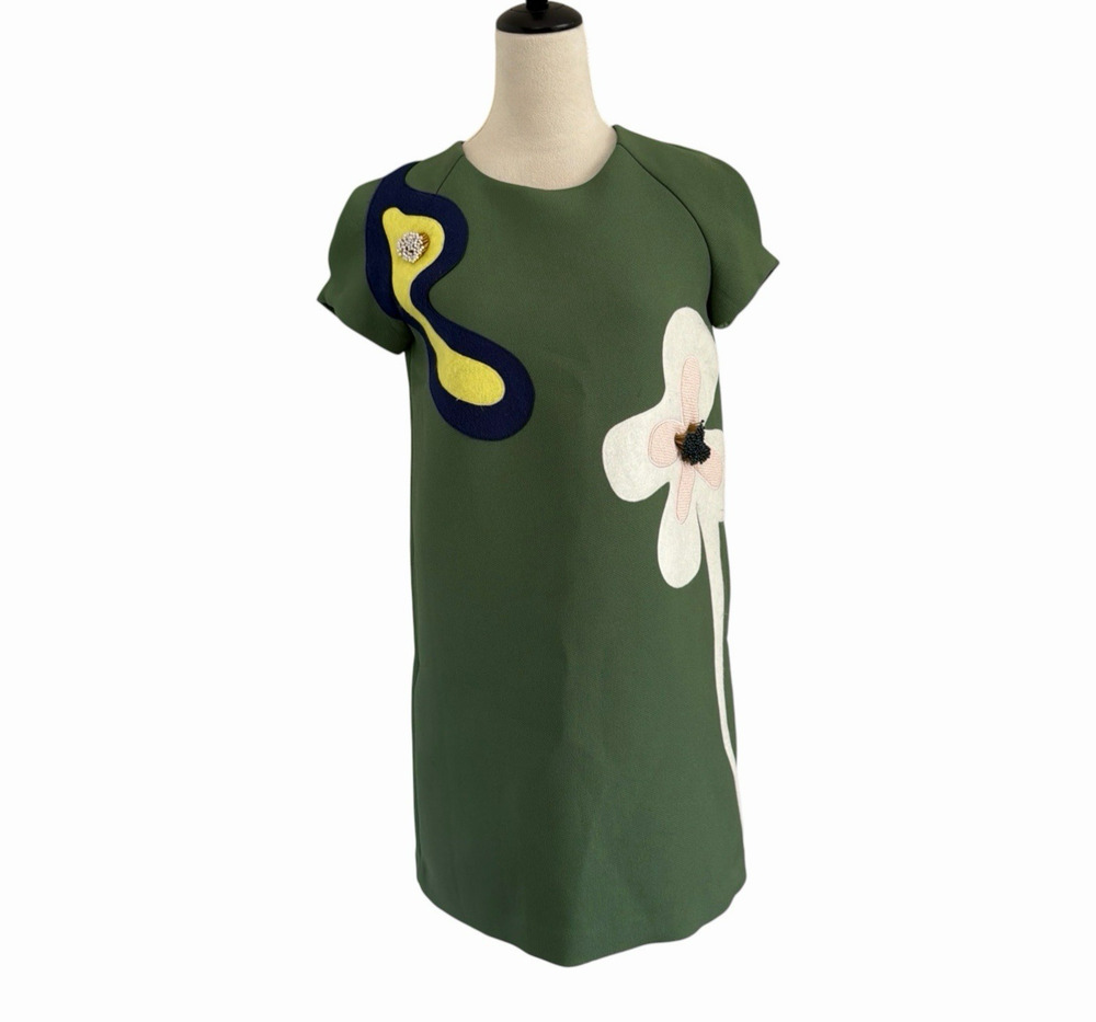 IROO Abstract Floral Shift Mini Dress Size 38 (Approx. US 6) Green Retro Mod